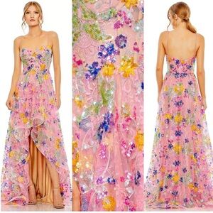 Mac Duggal Pink Sequin Lace Floral Gown with Sweetheart Neckline Slit #68516